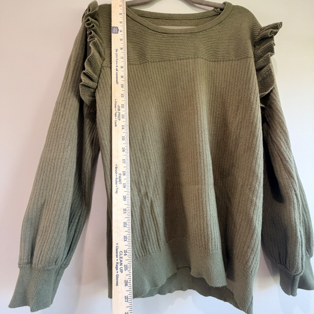 Ruffle Shoulder Ribbed Knit Thick Sweater Women XL Olive Green Cottagecore - Picture 3 of 4